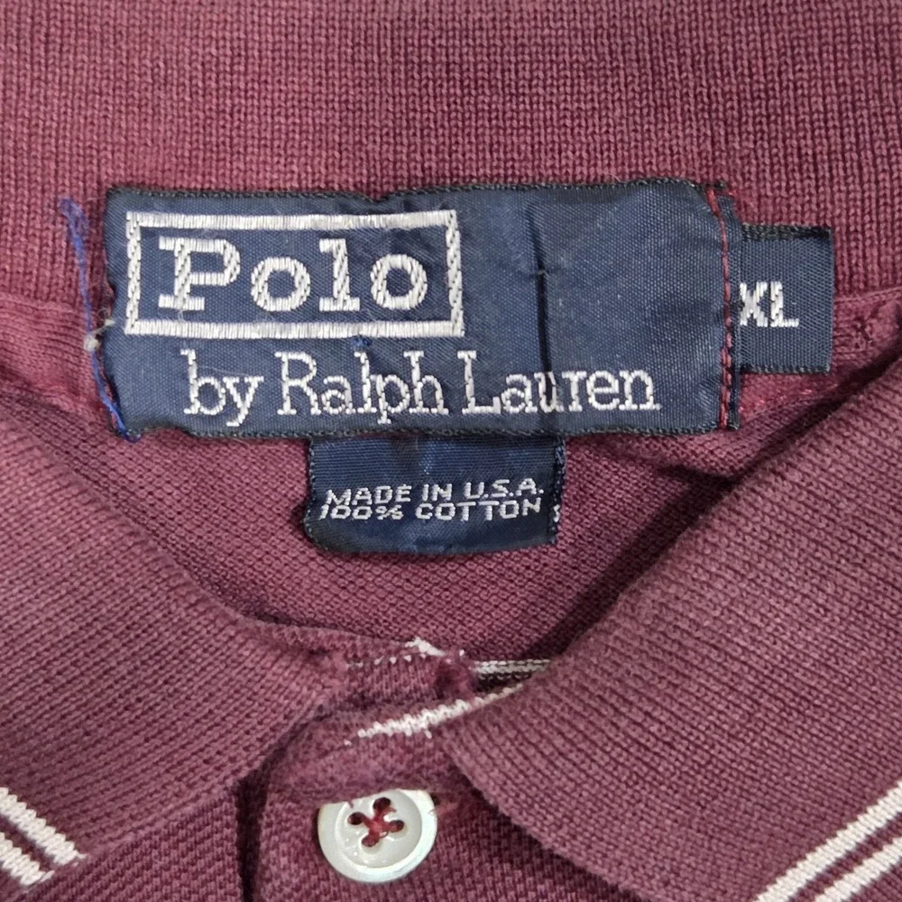 Polo Ralph Lauren Vintage Mens Polo Shirt Maroon Striped Made In USA‎ Button XL